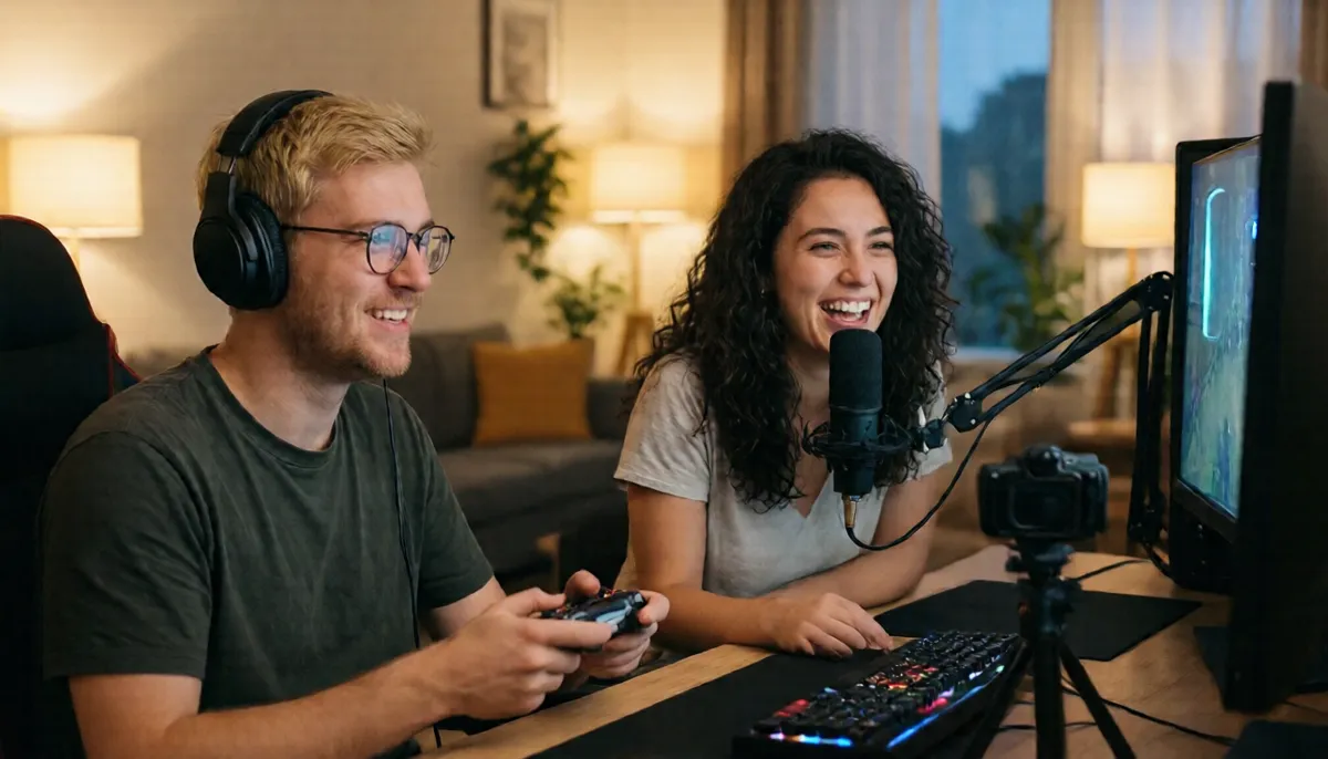 Two friends stream a game: one plays with a controller, the other laughs into a microphone
