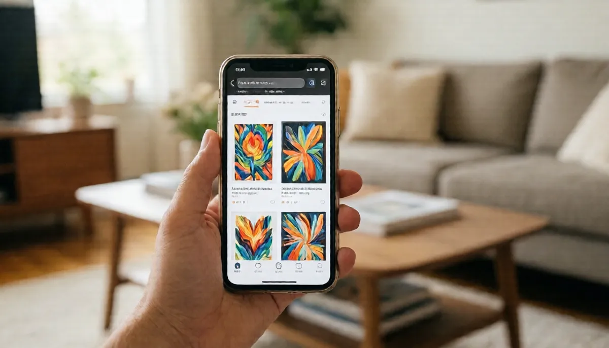 A hand holds a phone showing a shop page of art prints