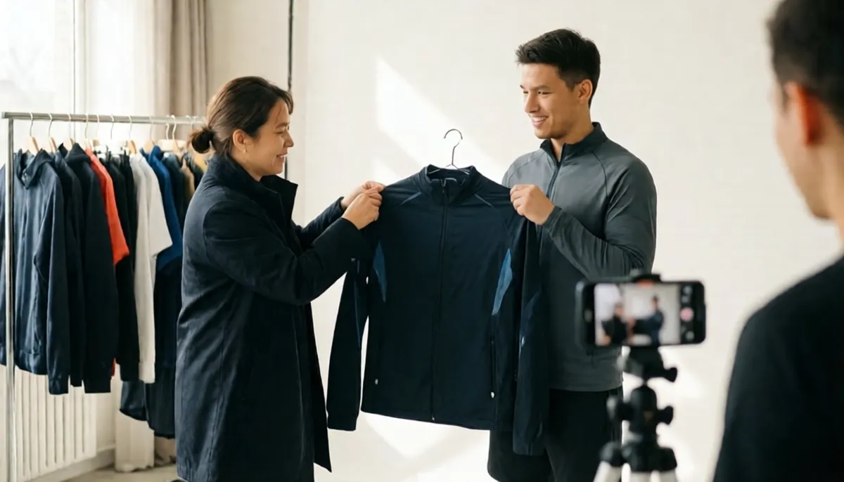 A stylist and a running coach hold up a running jacket in a studio while a phone films them