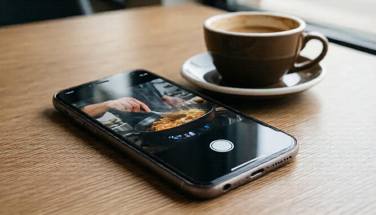 A phone on a cafe table shows a cooking video with a button under it