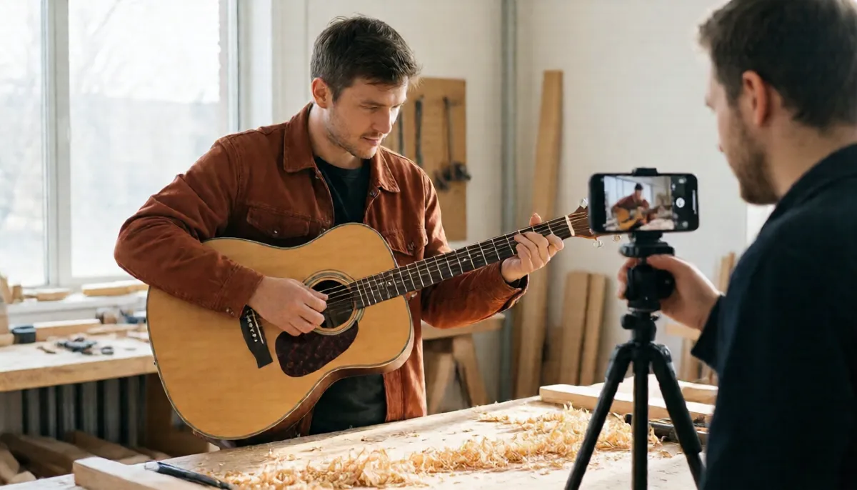 A maker hands a newly built guitar to a musician while a phone on a tripod films them