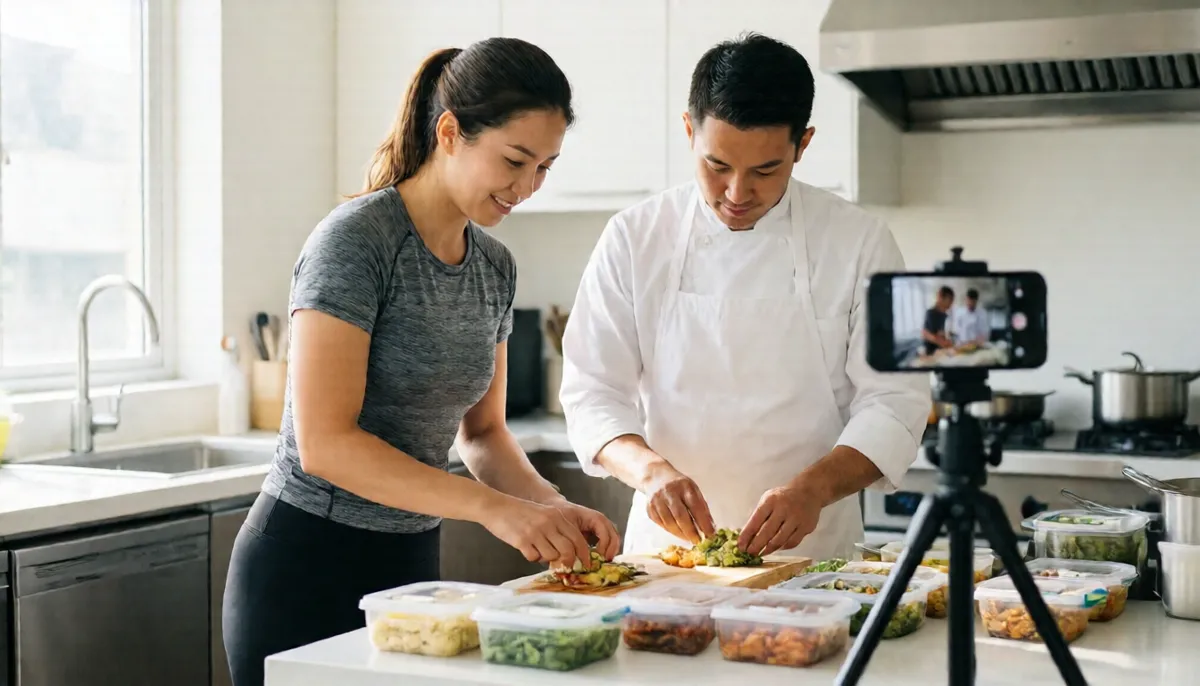 A fitness coach and a cook prepare meals together while a phone on a tripod films them