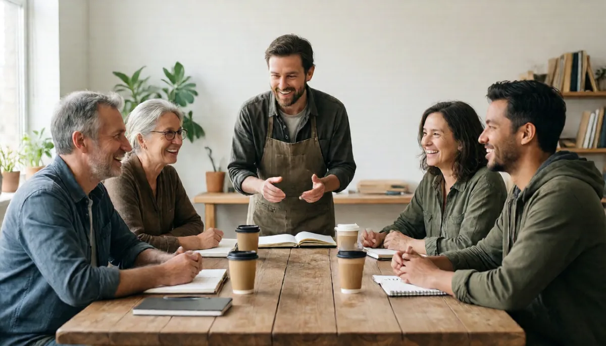 A creator leads a small workshop for four members around a table