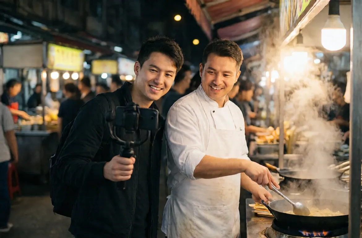 A cook and a traveller film a street food video together at a night market stall