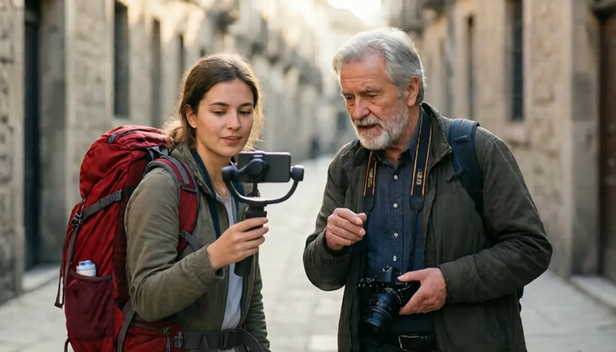 A traveller films on a gimbal while a photographer points down an old stone street