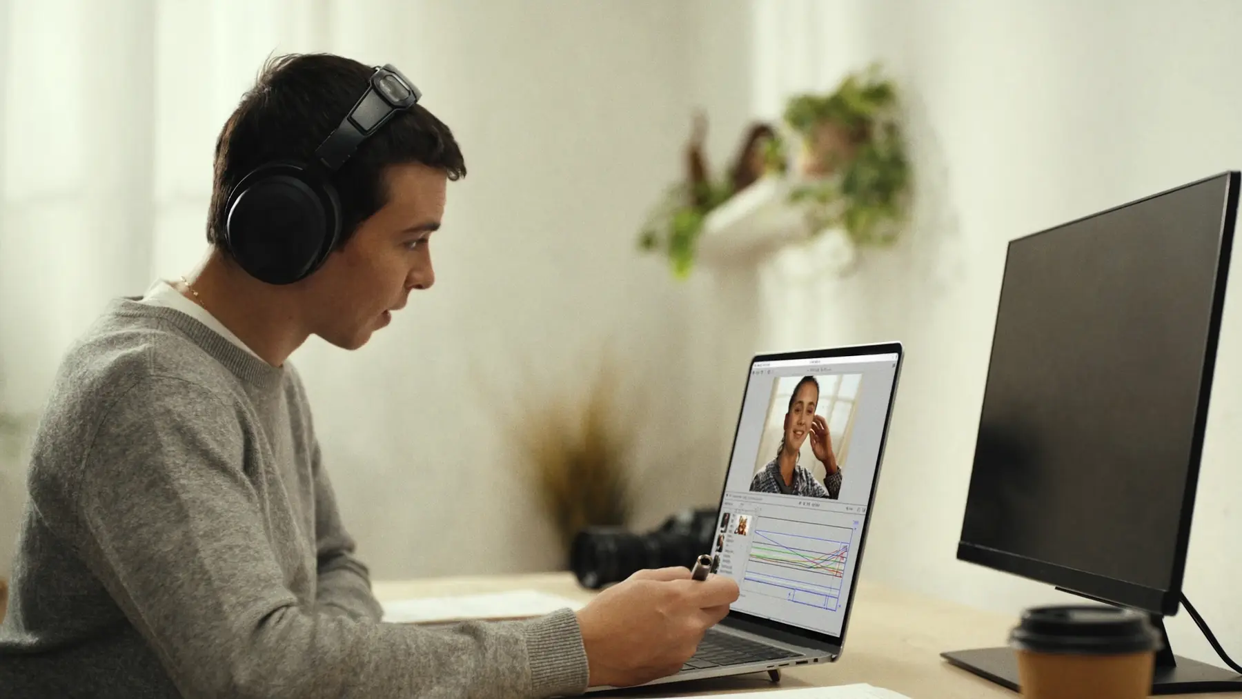 A creator in headphones edits a video of a woman on a laptop